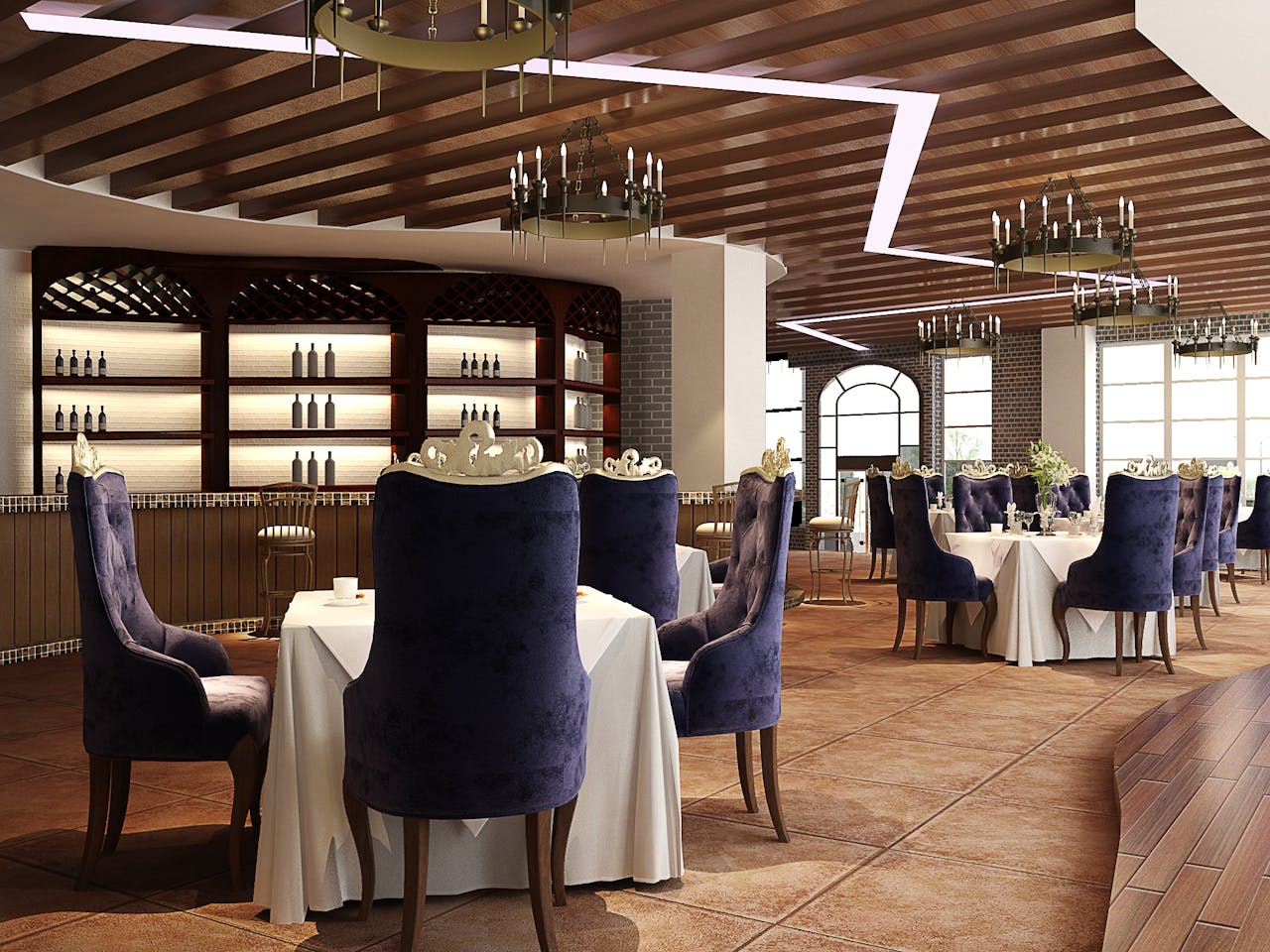 portfolio-06 Sophisticated luxury restaurant interior featuring elegant chandeliers and plush seating, perfect for fine dining.